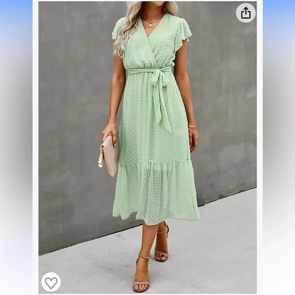 NWOT Bohemian Wrap V Neck Ruffle Cap Sleeveless Belt A-Line Midi Sun Dress - Picture 1 of 5